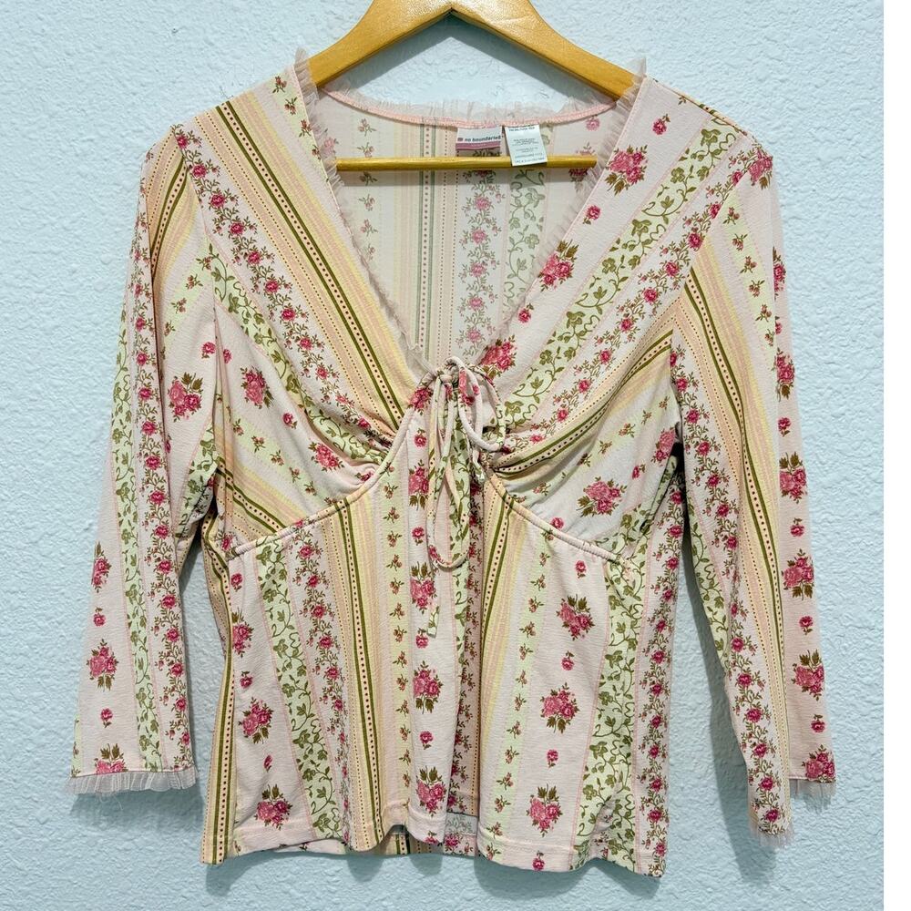Y2K Floral Blouse Dainty Fairy Ballet Cottage Top Tie Front Pink Wallpaper